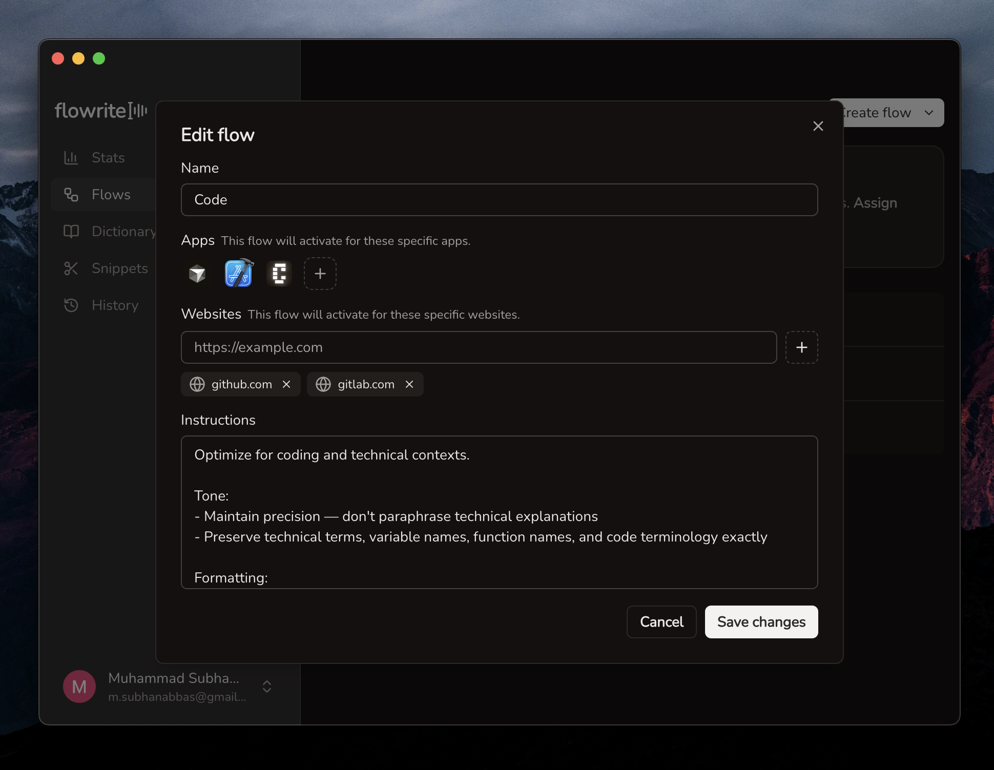 Flows editor with app-specific instructions